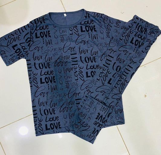 Women’s Stylish Printed Night Suit – Grey “LOVE” Design