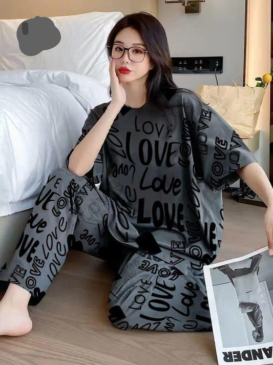 Women’s Stylish Printed Night Suit – Grey “LOVE” Design