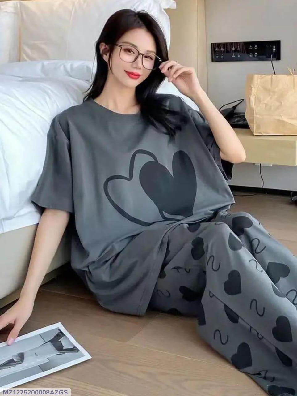Women’s Stylish Printed Night Suit – Grey “LOVE” Design